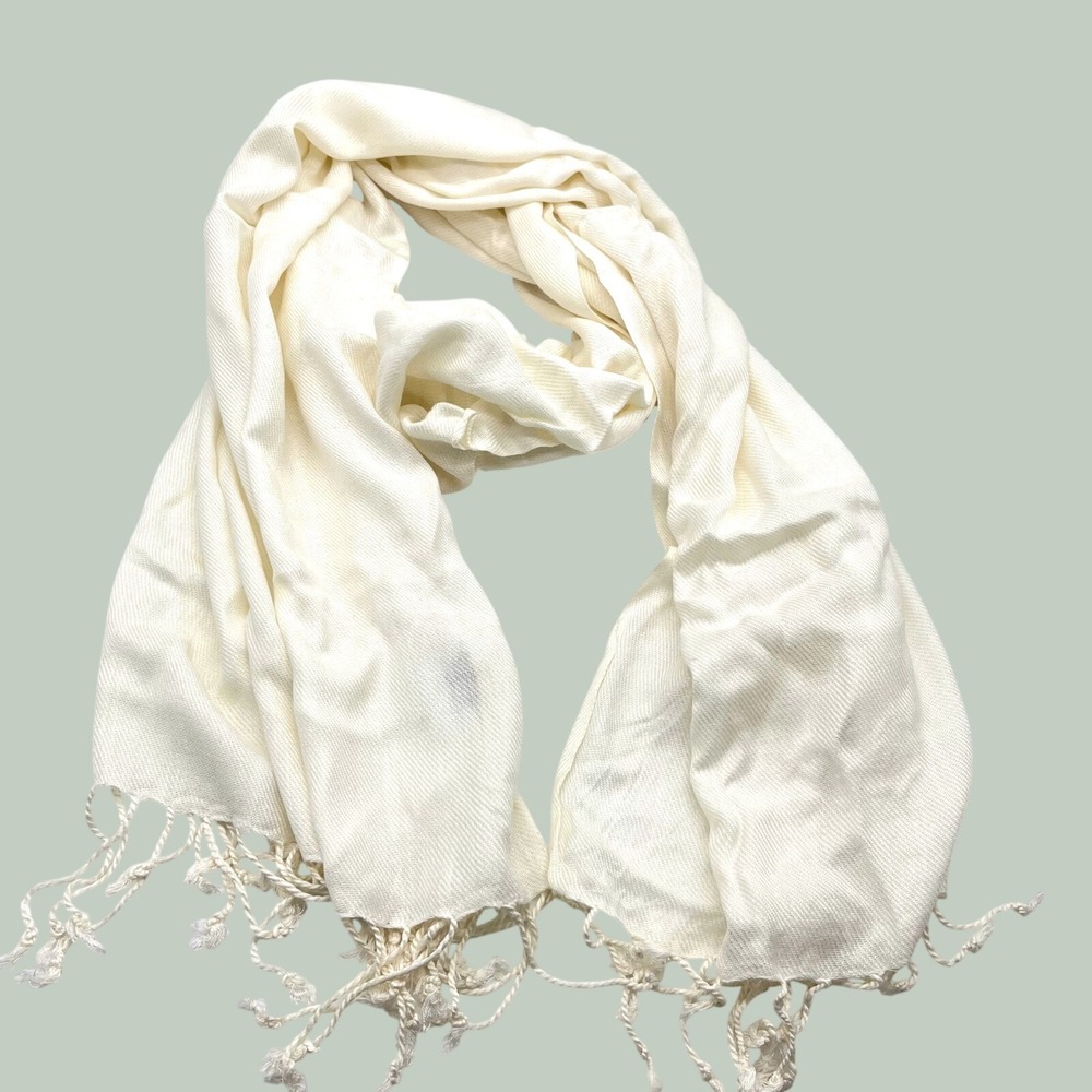 Cream Rayon Fringe Scarf Lightweight Twill Weave Wrap Solid Neutral India